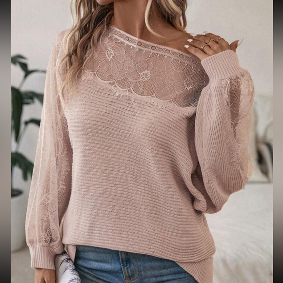 Comfy Elegant Sheer Mesh Lace Boat Neck Batwing Sleeve Sweater Top - Picture 3 of 7